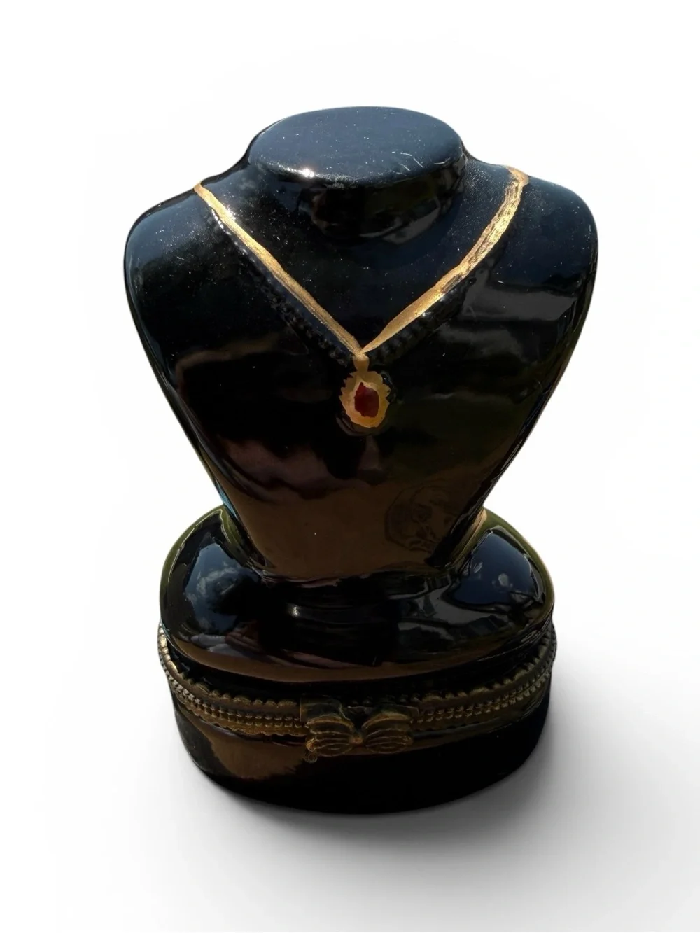 Vintage Black Jewelry Bust Trinket Box Ceramic Necklace Display Ring Keepsake 3”
